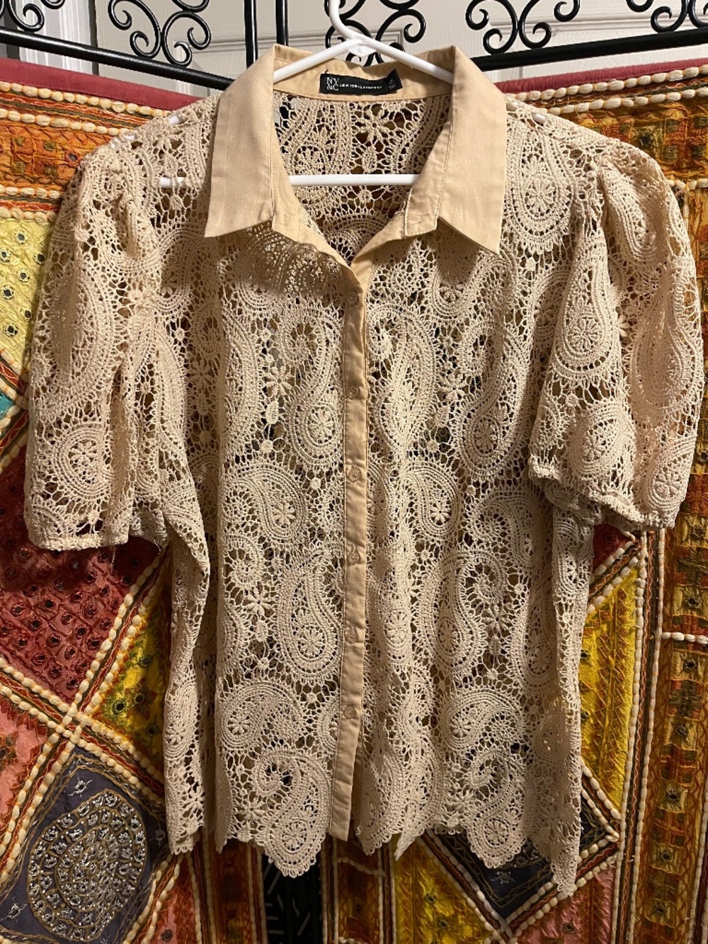 NY&Co Womens Crochet Blouse Tan/Beige XXL